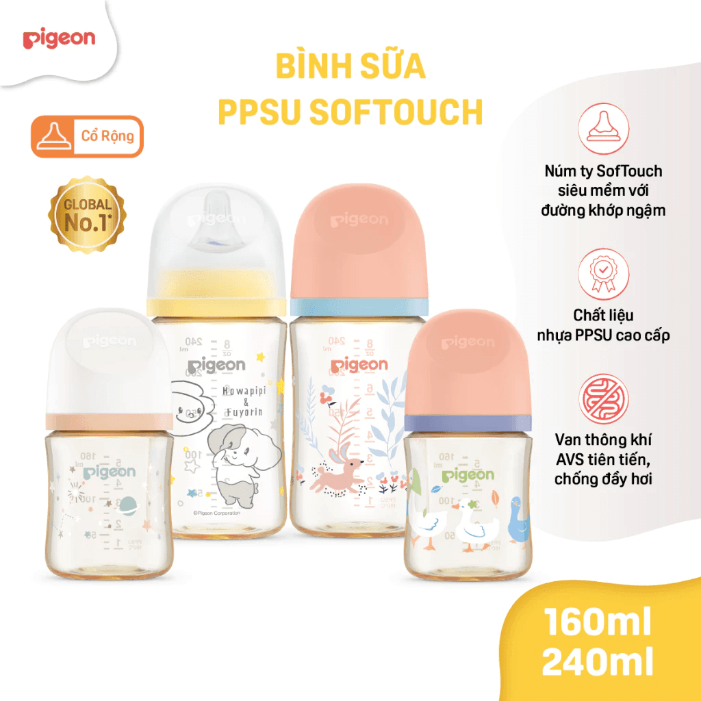 Combo 2 Bình Sữa Pigeon Cổ Rộng PPSU 240ml Cho Bé